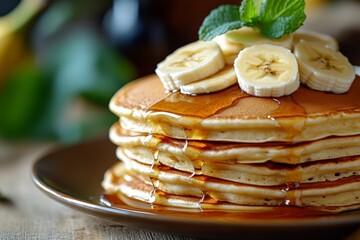 Aufkleber - Pancakes stacked high with banana slices and syrup served on a rustic wooden table in a cozy kitchen setting
