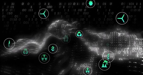 Poster - Animation of binary code and environmental icons illustrating data and sustainability in school