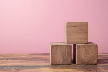 Poster - Wooden blocks arranged on a rustic wooden surface with a soft pink background in a cozy indoor setting