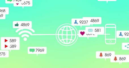 Poster - floating animation of social media interaction icons over green gradient background