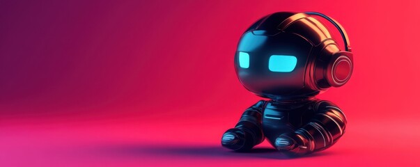 a sleek, futuristic robot figure with glowing blue eyes sits against a vibrant pink gradient backgro