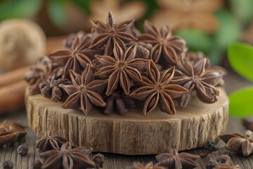 Poster - Star anise arranged on a wooden slice with aromatic spices in a natural setting