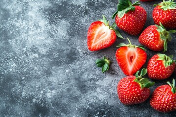 Poster - Fresh strawberries arranged on a textured surface with sliced pieces revealing vibrant red insides, perfect for summer desserts
