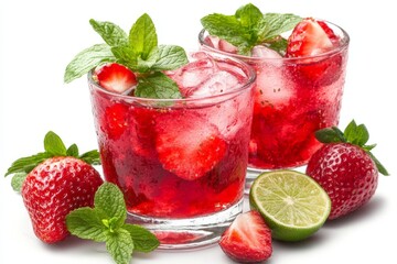 Poster - Refreshing summer strawberry mint drinks served with fresh strawberries and lime slices ready to enjoy at a sunny gathering