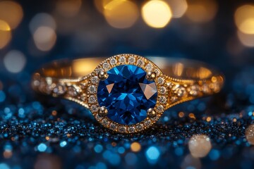 Aufkleber - Exquisite gold ring with blue gemstone surrounded by sparkling glitter on a textured background