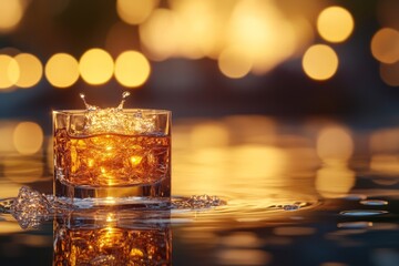 Poster - Warm evening ambiance with a glass of whiskey reflecting golden lights on water surface