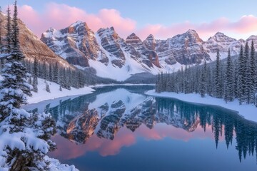 Poster - Beautiful snowy mountains reflected in calm lake at sunrise with pink clouds in the sky