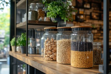Poster - Colorful jars filled with grains, nuts, and seeds arranged on a wooden shelf in a modern shop
