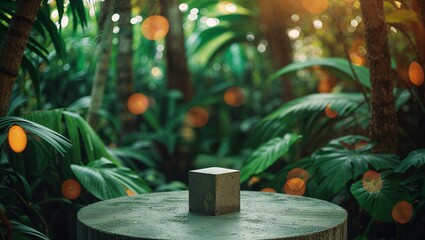 Poster - Concrete cube sitting on circular stone pedestal surrounded by lush tropical foliage in a vibrant natural environment