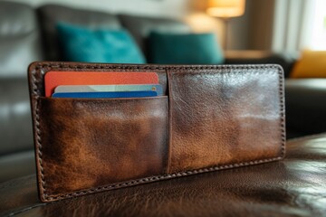 Poster - Leather wallet with cards resting on a brown leather sofa in a cozy living room setting