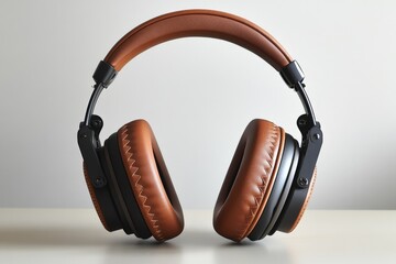 Poster - Stylish brown leather headphones resting on a light surface against a neutral backdrop