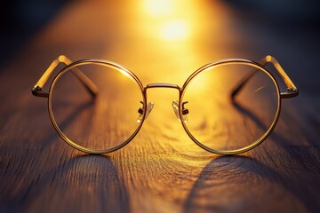 Aufkleber - Glasses resting on a wooden surface with sunlight creating a warm glow in the background during sunset