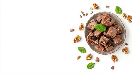 Poster - Delicious brownie pieces with cocoa beans and walnuts on a plate with green leaves
