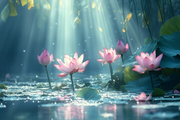 Poster - Magical rays of sunlight illuminate blooming lotus flowers on a tranquil pond during early morning