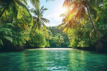 Poster - Lush tropical landscape with sparkling water surrounded by palm trees at golden hour