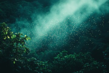 Poster - Mist envelops forest with swarms of fireflies dancing in the twilight