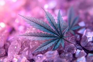 Poster - Weed leaf resting on sparkling amethyst crystals creating a colorful contrast in natural beauty