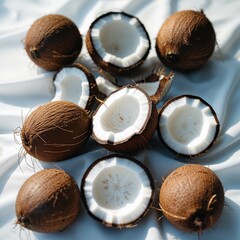 Poster - coconuts cut in half displayed on a light fabric surface in bright lighting showcasing their thick b