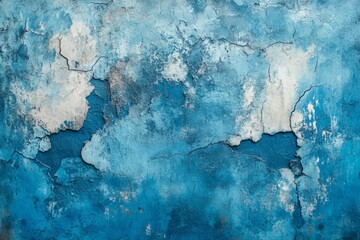 Aufkleber - Textured blue wall with peeling paint and cracks in vibrant shades observed in a rustic urban setting during daylight