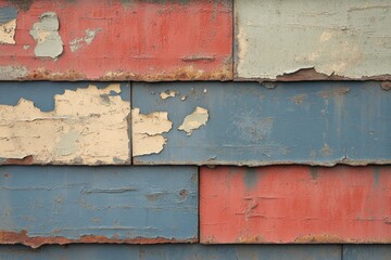 Poster - Weathered wooden planks show vibrant red, blue, and beige colors with peeling paint and rustic texture in a close-up view