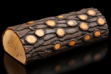 Poster - Decorative log with natural bark texture and circular knots displayed against a dark background
