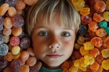 Poster - Child surrounded by colorful candies while exploring different sweets at a bright, candy-filled location