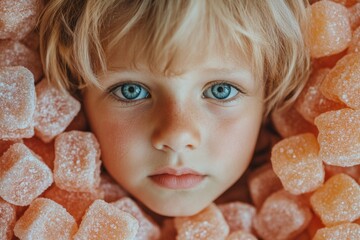 Poster - Young child with striking blue eyes surrounded by colorful gummy candies in a playful and cheerful setting