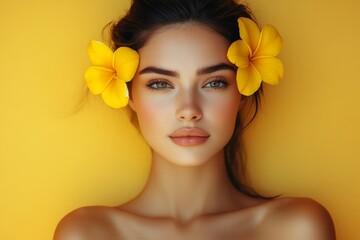 Aufkleber - Beautiful young woman with yellow flowers in her hair against a bright yellow background