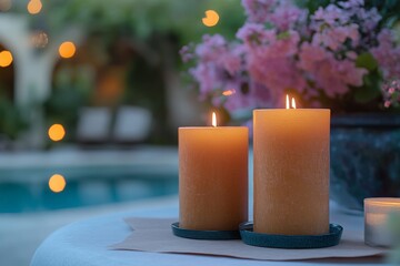 Poster - Relaxing evening with candles and flowers near a serene pool in a tranquil outdoor setting