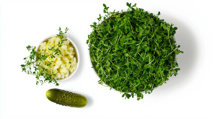 Poster - Fresh cress salad with diced potato side and pickle on white background for healthy eating concept
