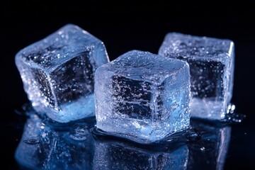 Fototapete - Frozen ice cubes glisten on a reflective surface against a dark background creating a cool ambiance