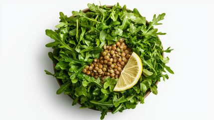 Poster - Fresh cress salad with lentils and lemon slice on white background