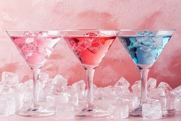 Poster - Colorful cocktails served in elegant glasses surrounded by ice in a stylish setting