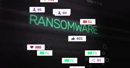 Aufkleber - Ransomware animation on screen with social media notifications over dark background