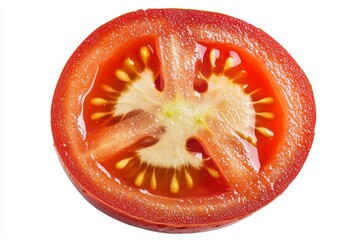 Poster - Freshly cut red tomato showcasing juicy interior and seeds at a kitchen counter