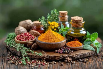 Aufkleber - Colorful spices and herbs arranged on a wooden board with jars of oil in a garden setting during daylight