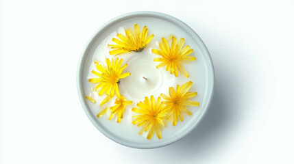 Poster - Tranquil arrangement of dandelion petals and candle in a bowl for home decor inspiration