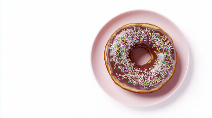 Poster - Delicious donut with chocolate frosting and sprinkles on pink plate for dessert inspiration