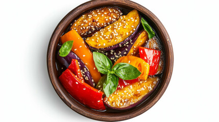 Poster - Fresh vegetables in wooden bowl with basil and sesame for healthy eating concept