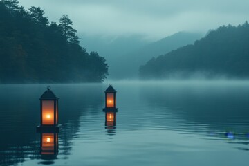 Poster - Serene twilight at the lake with glowing lanterns illuminating calm waters and misty mountains in the background