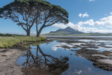 Aufkleber - Tranquil landscape with a tree reflecting in water by a mountain under a clear sky in the late afternoon