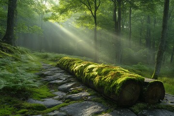 Aufkleber - Moss-covered log on a rocky path in a misty forest during early morning light