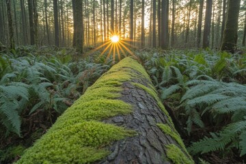 Poster - Sunrise illuminates a moss-covered log amidst lush ferns in a tranquil forest setting