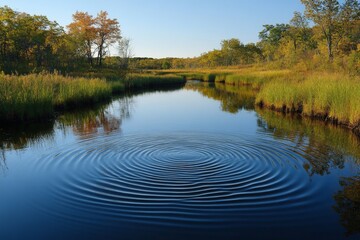 Poster - Ripples expand across a calm river reflecting autumn foliage in a serene natural landscape