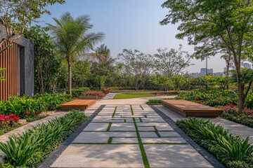 Poster - Beautifully landscaped pathway in a lush garden during a sunny day