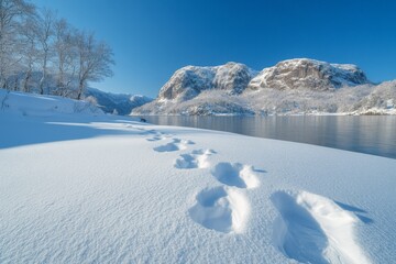 Poster - Winter landscape with footprints along a snowy riverbank against dramatic mountains under a clear blue sky