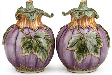 Aufkleber - decorative ceramic vases shaped like eggplants with intricate leaf designs and vibrant colors showca