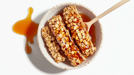 Poster - Delicious granola bars in a bowl with honey on white background