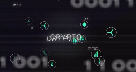 Poster - Digital symbols and CRYPTO text animation over dark blurred background