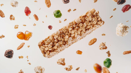 Poster - Dreamlike scene of granola bar and ingredients in floating arrangement